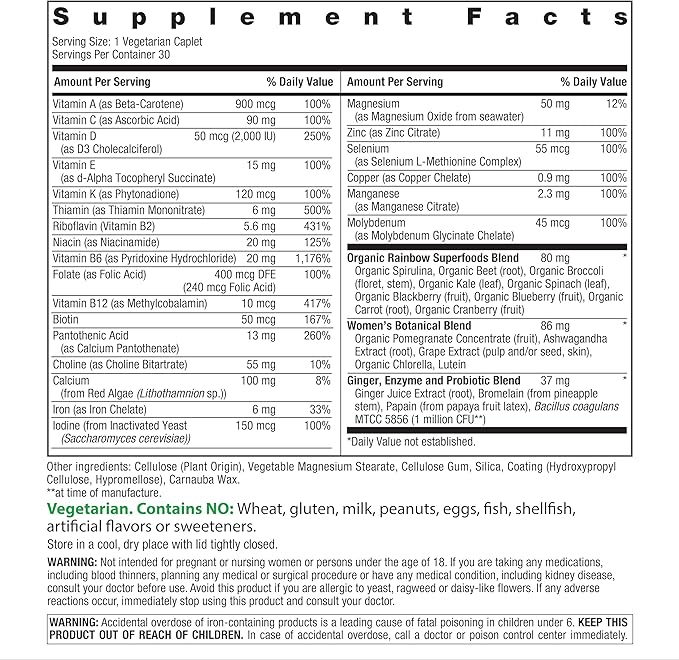 Rainbow Light Womens Multivitamin One + | 30/60 Caplets | Real Food Nutrients, Digestive Enzymes & Probiotics