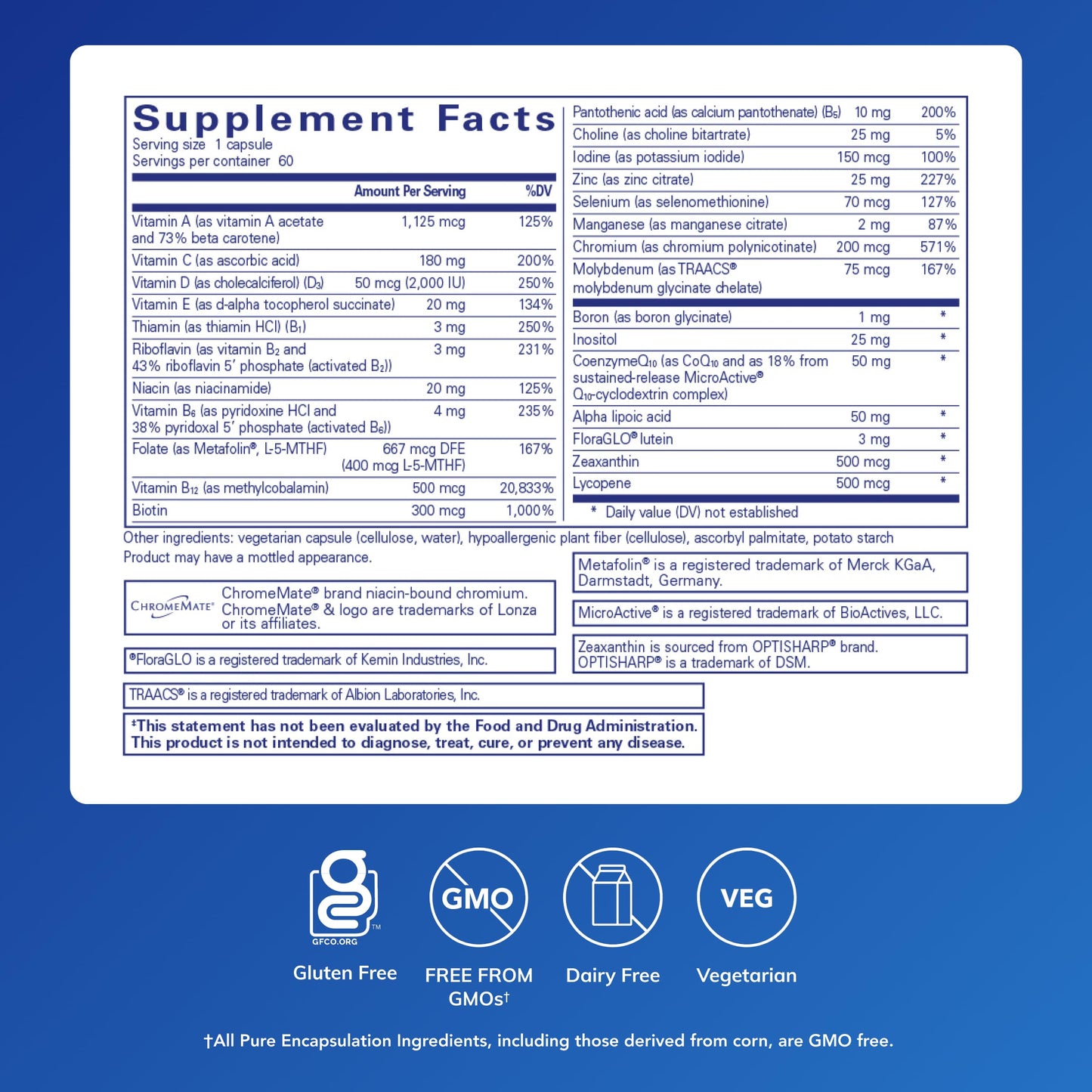 Pure Encapsulations O.N.E. Multivitamin - Once Daily Multivitamin with Antioxidant Complex Metafolin, CoQ10, and Lutein to Support Vision, Cognitive Function, and Cellular Health* - 30/60/120 Capsules