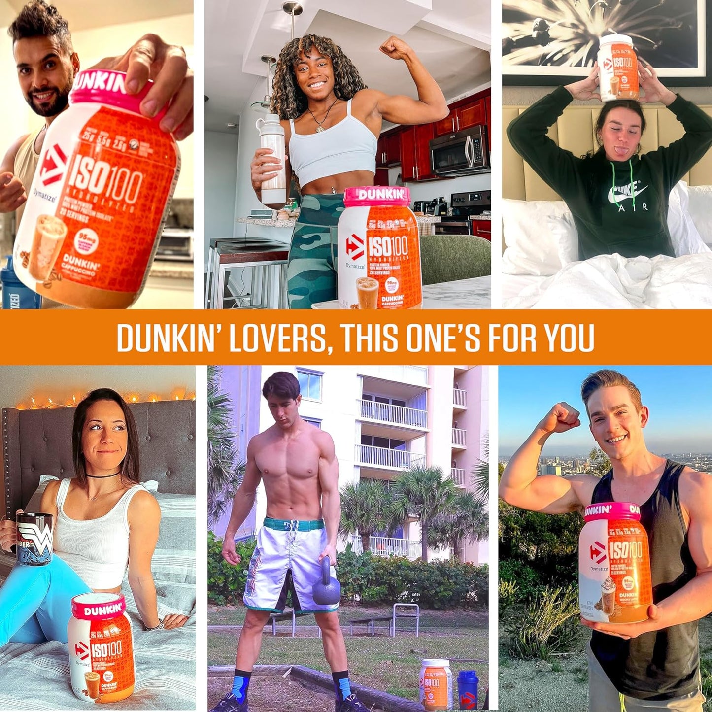 Dymatize x Dunkin' Cappuccino ISO100 Whey Protein Powder, 95mg Caffeine, 25g of Protein5.5g BCAAs, 120 Cal., Gluten Free, 1g Fat, 1g Sugar, 2g Carb