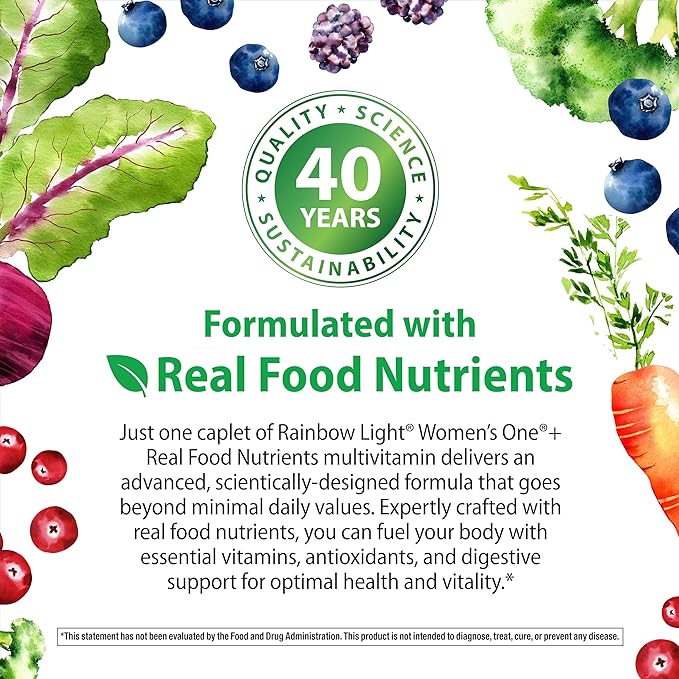 Rainbow Light Womens Multivitamin One + | 30/60 Caplets | Real Food Nutrients, Digestive Enzymes & Probiotics