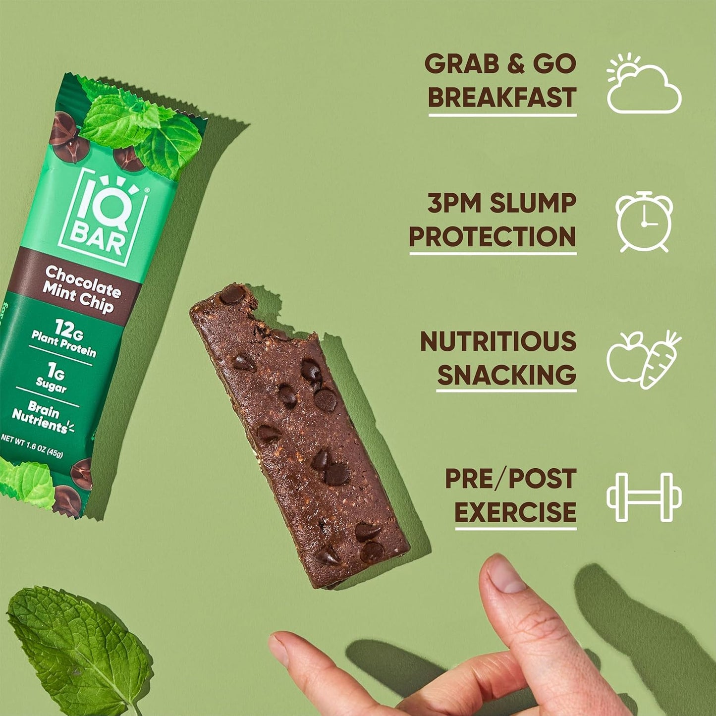 IQBAR Clean Plant Protein Bars - Chocolate Mint Chip - 12/24/36 Count - Keto, Vegan, High Fiber, Gluten and Dairy Free, Low Sugar Snack - Brain and Body Nutrients for Focus, Energy, Meal Replacement