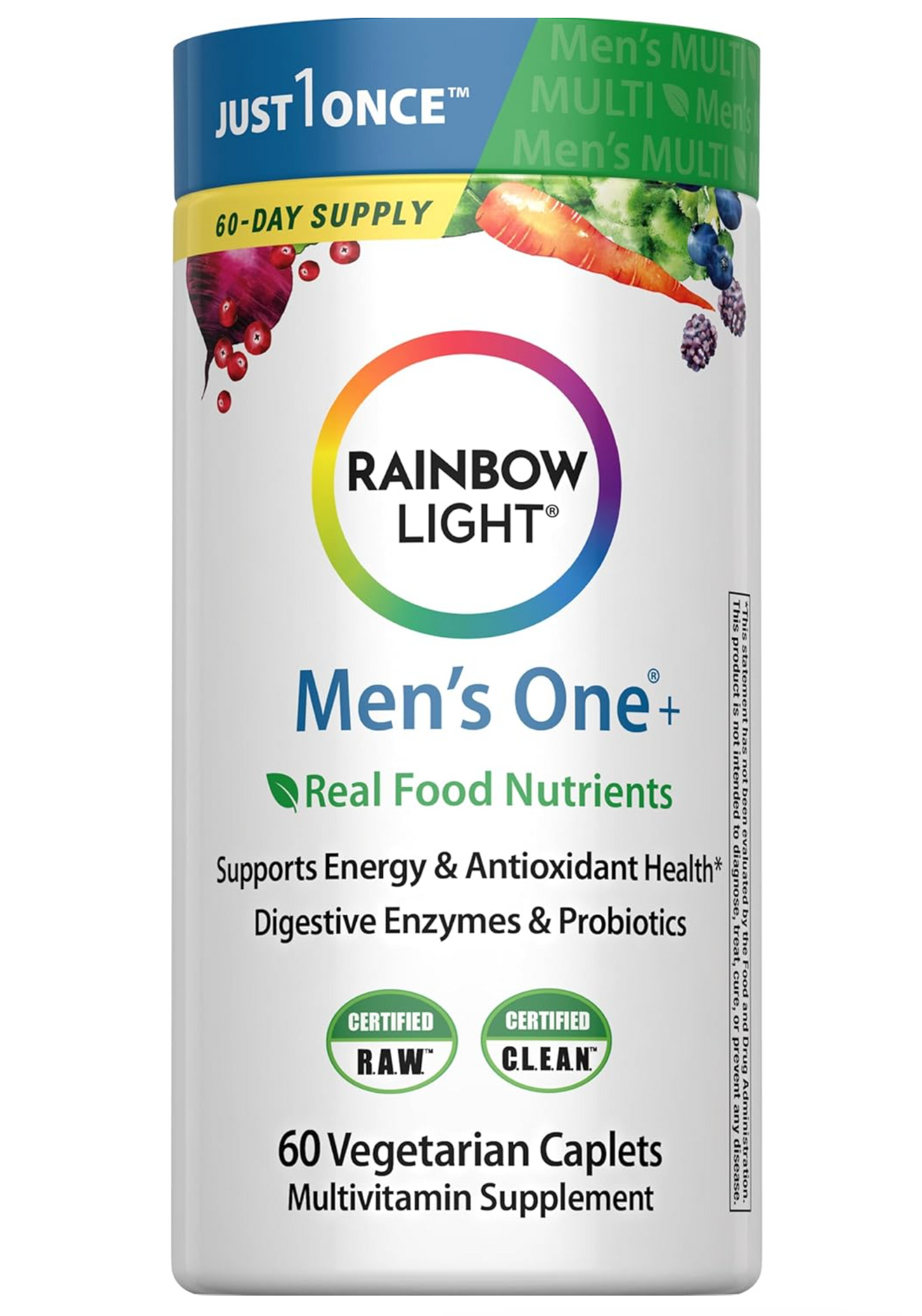 Rainbow Light Mens Multivitamin One + | 30/60/120 Caplets | Supports Energy & Antioxidant Health | with Real Food Nutrients, Digestive Enzymes & Probiotics