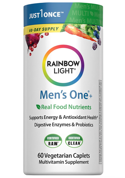 Rainbow Light Mens Multivitamin One + | 30/60/120 Caplets | Supports Energy & Antioxidant Health | with Real Food Nutrients, Digestive Enzymes & Probiotics