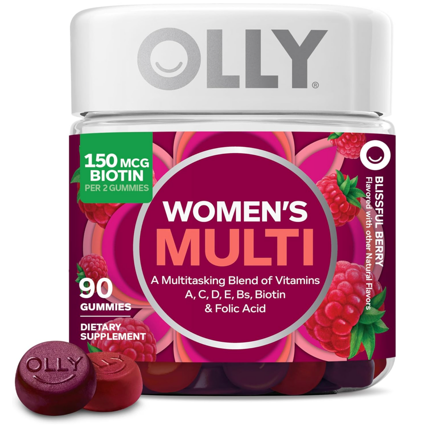 OLLY Women's Daily Multivitamin Gummy, Vitamins A, D, C, E, Biotin, Folic Acid, Adult Chewable Vitamin, Berry Flavor