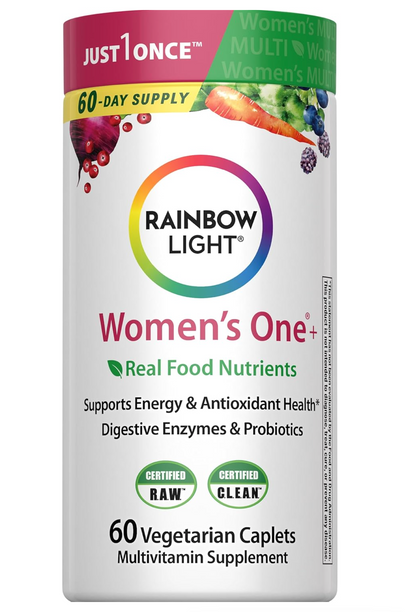 Rainbow Light Womens Multivitamin One + | 30/60 Caplets | Real Food Nutrients, Digestive Enzymes & Probiotics