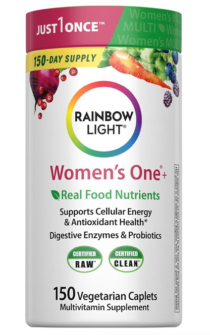 Rainbow Light Womens Multivitamin One + | 30/60 Caplets | Real Food Nutrients, Digestive Enzymes & Probiotics