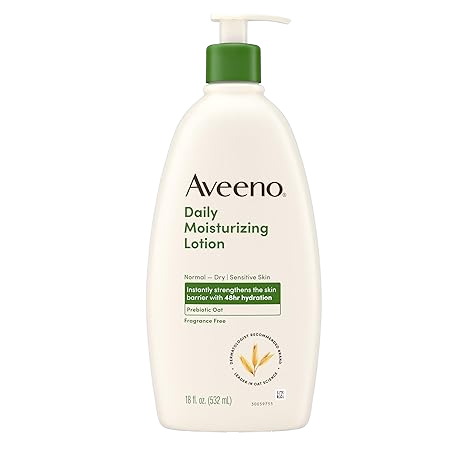 Aveeno Daily Moisturizing Body Lotion, Body Lotion for Dry Skin with Prebiotic Oat, Paraben Free, Fragrance Free, Non-Greasy, Non-Comedogenic Moisturizer, 18/30 FL OZ